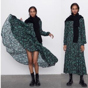 Zara Midi Dress Black Green Ditsy Floral Patterned Long Sleeve Button Up Sz XL